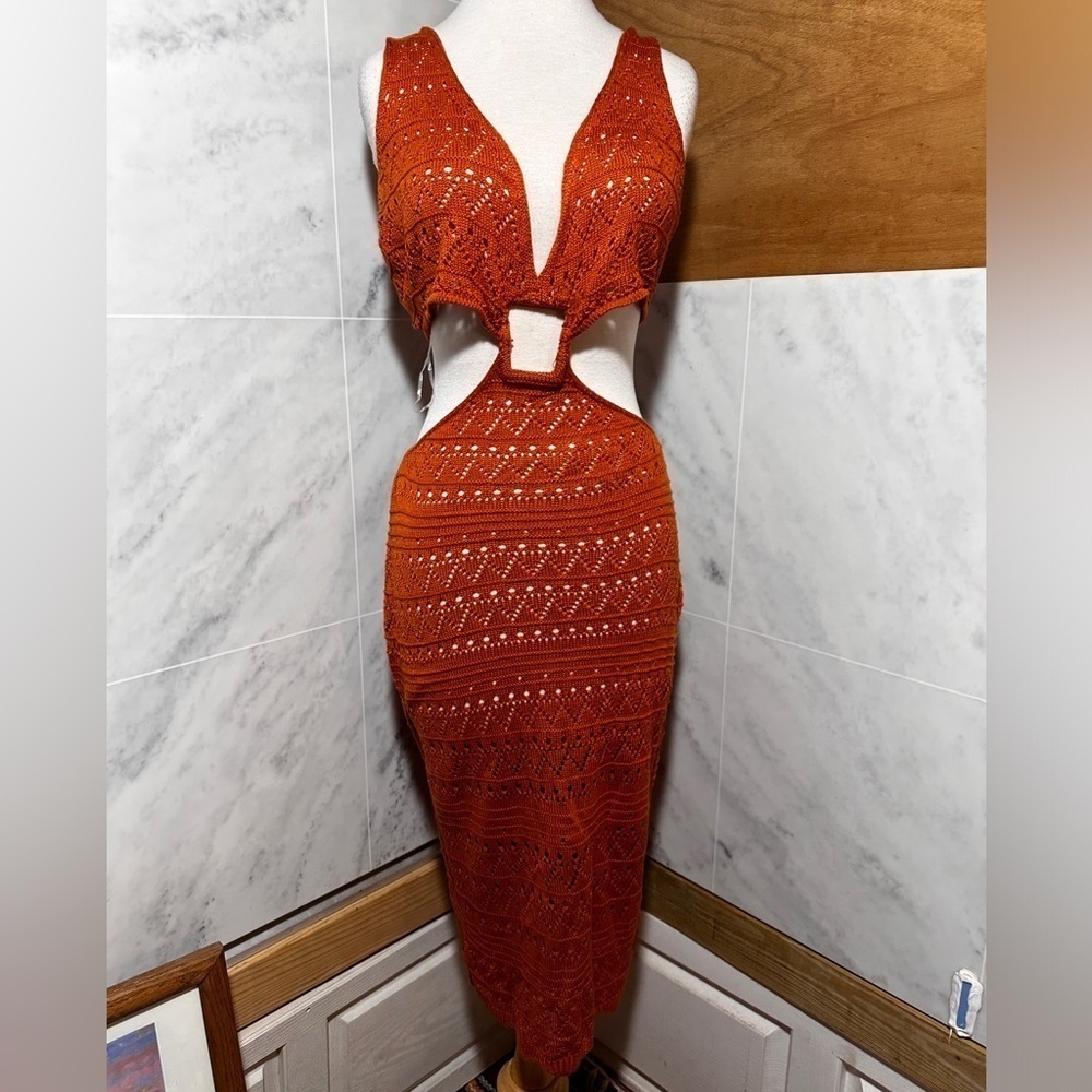 NWTKnit knitted style burnt orange tank cut out sweater dress midi calf length